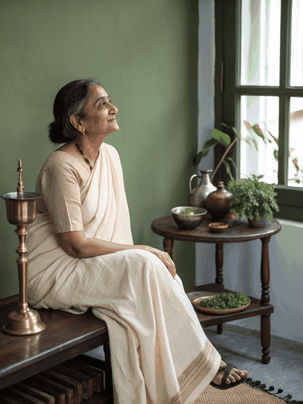 Ayurvedic practitioner in consultation with a client in a serene, sunlit space