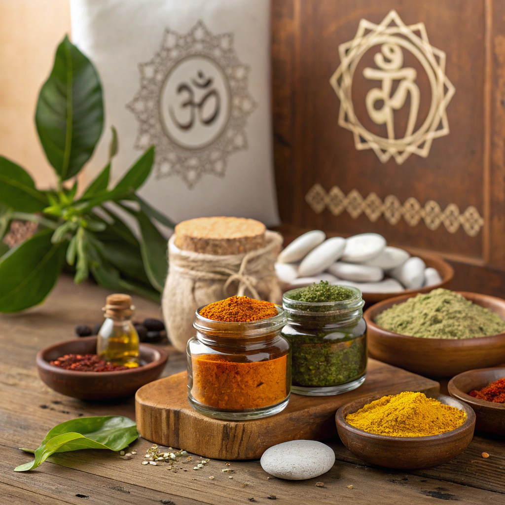 Traditional Ayurvedic herbs and oils on a wooden table