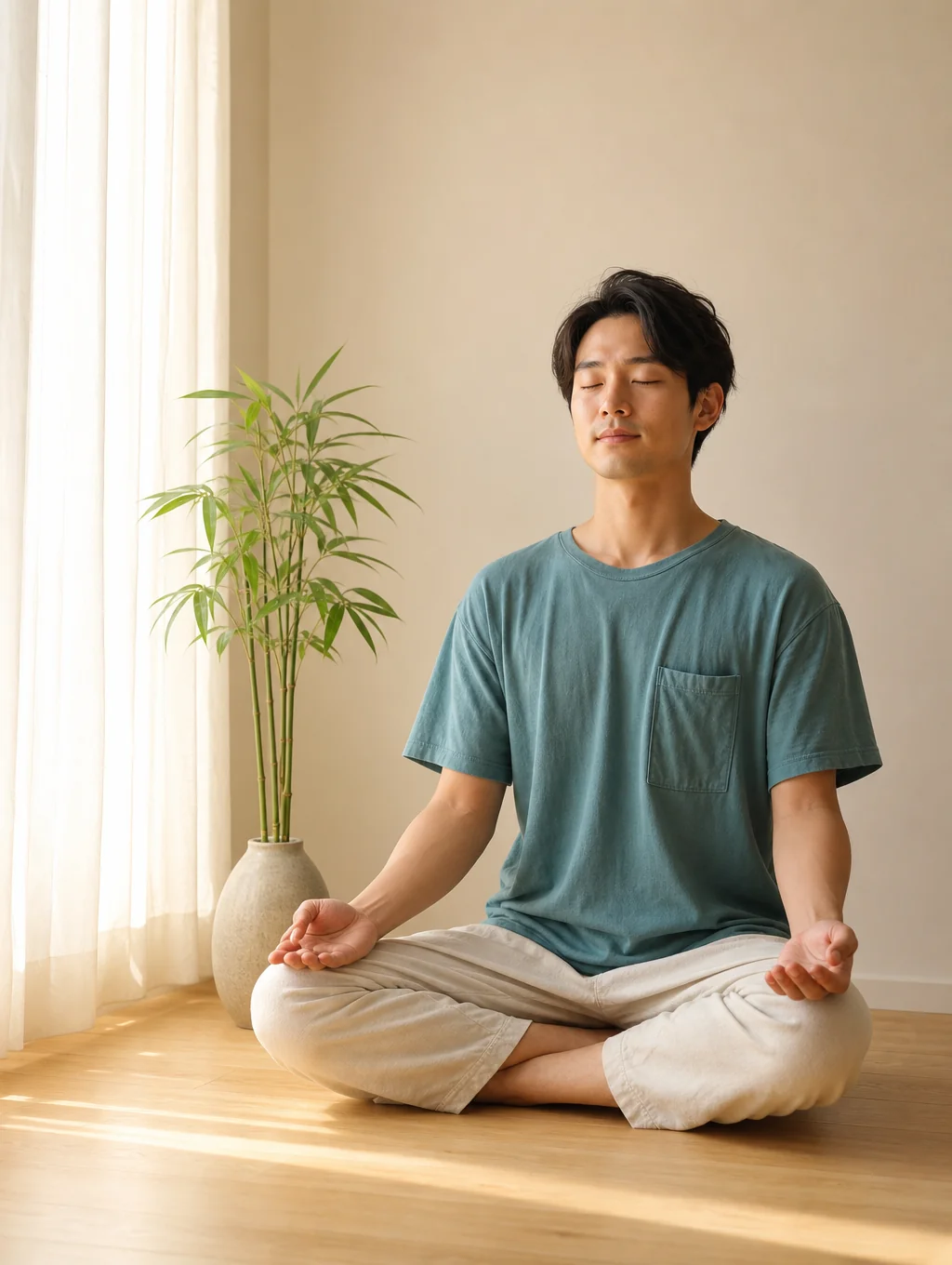Person practicing mindful meditation in natural light
