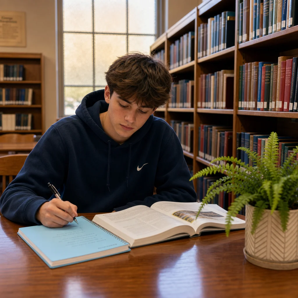Student studying ancient Ayurveda texts in a quiet room