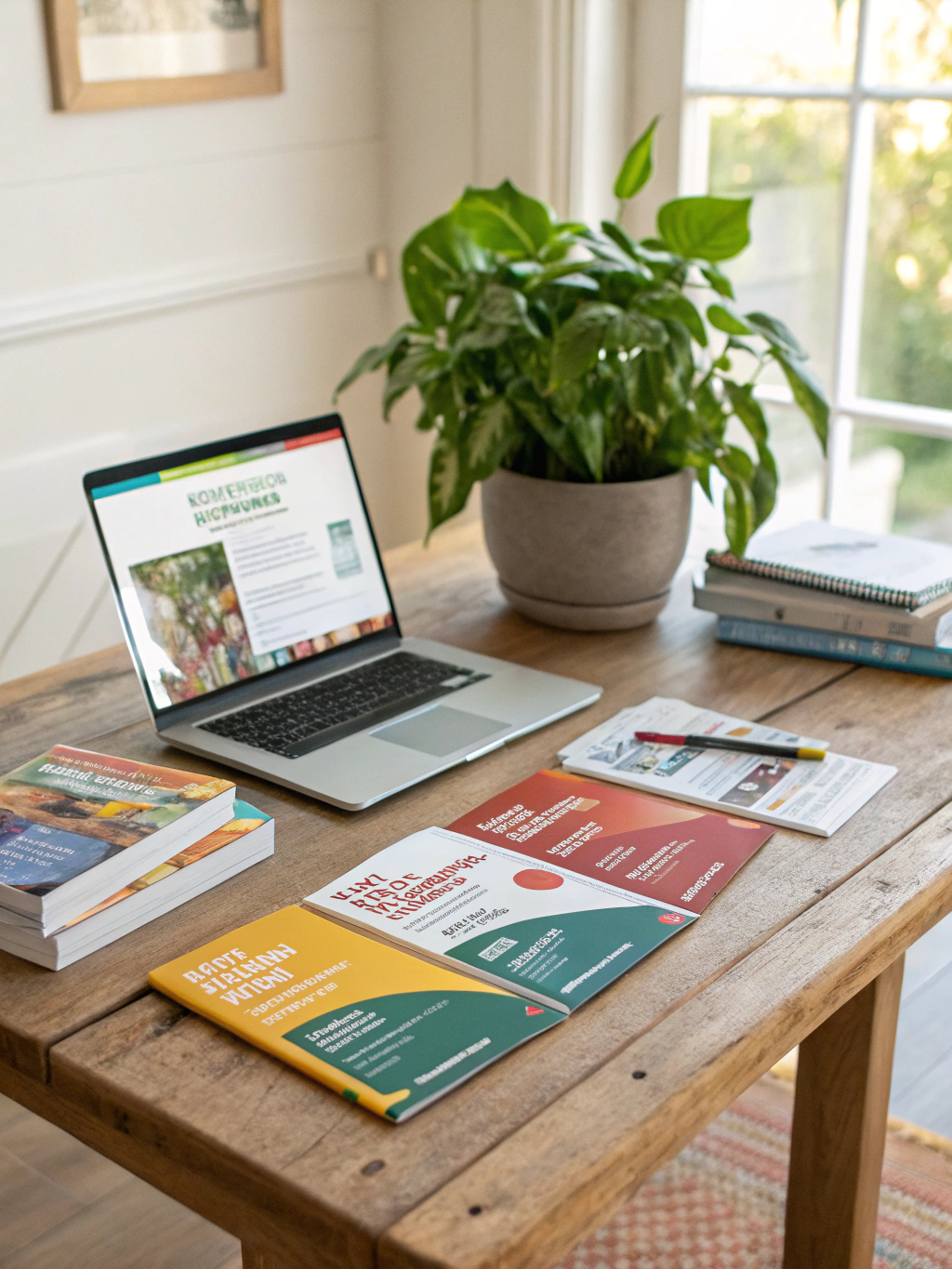 Wellness resources and guides laid out on a wooden table in a calm setting