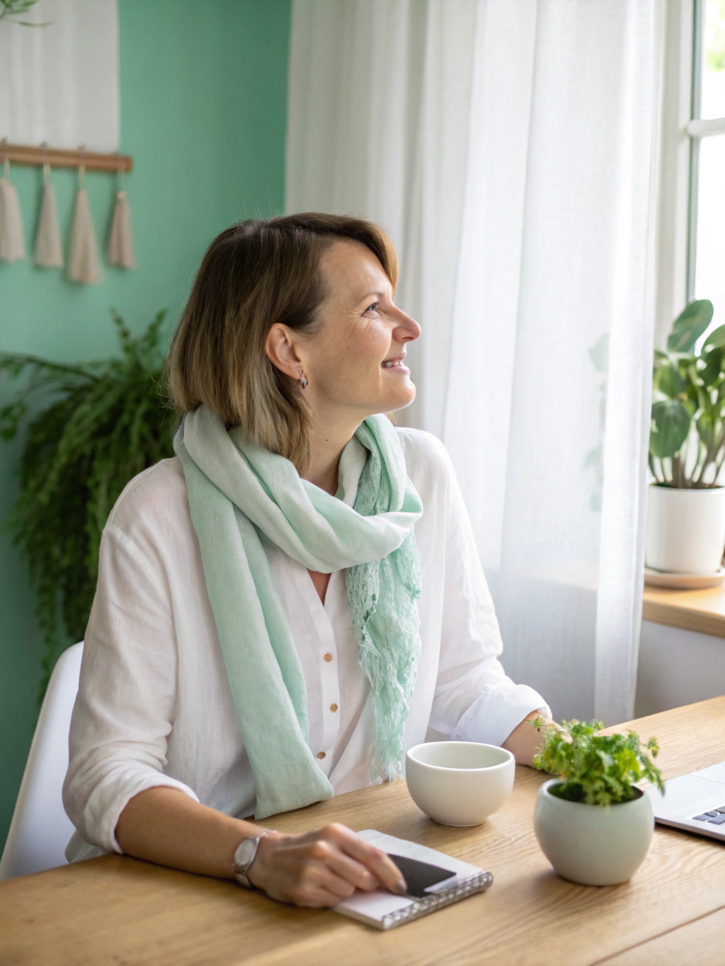Portrait of Elena, a coach working from a peaceful home office