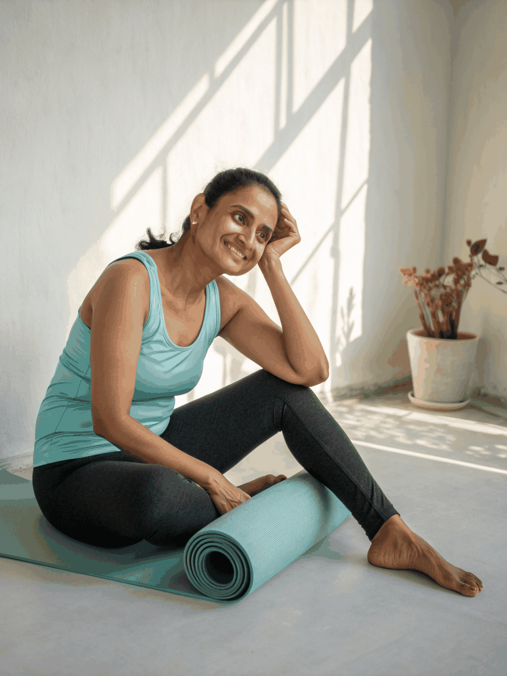 Portrait of Sarah, a yoga teacher practicing in a sunlit studio